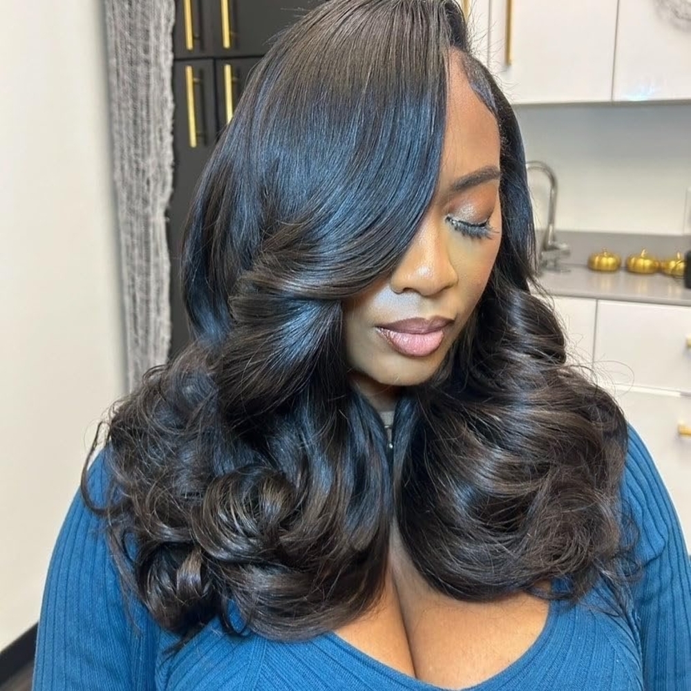 Black and Blue Highlighted Wavy Wig with Voluminous Curls